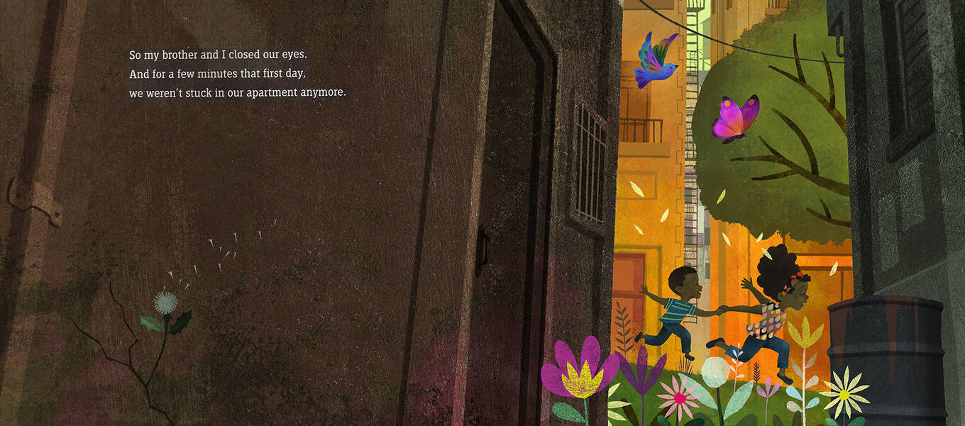 A spread from The Year We Learned to Fly, with illustrations by Rafael López. A spread from children