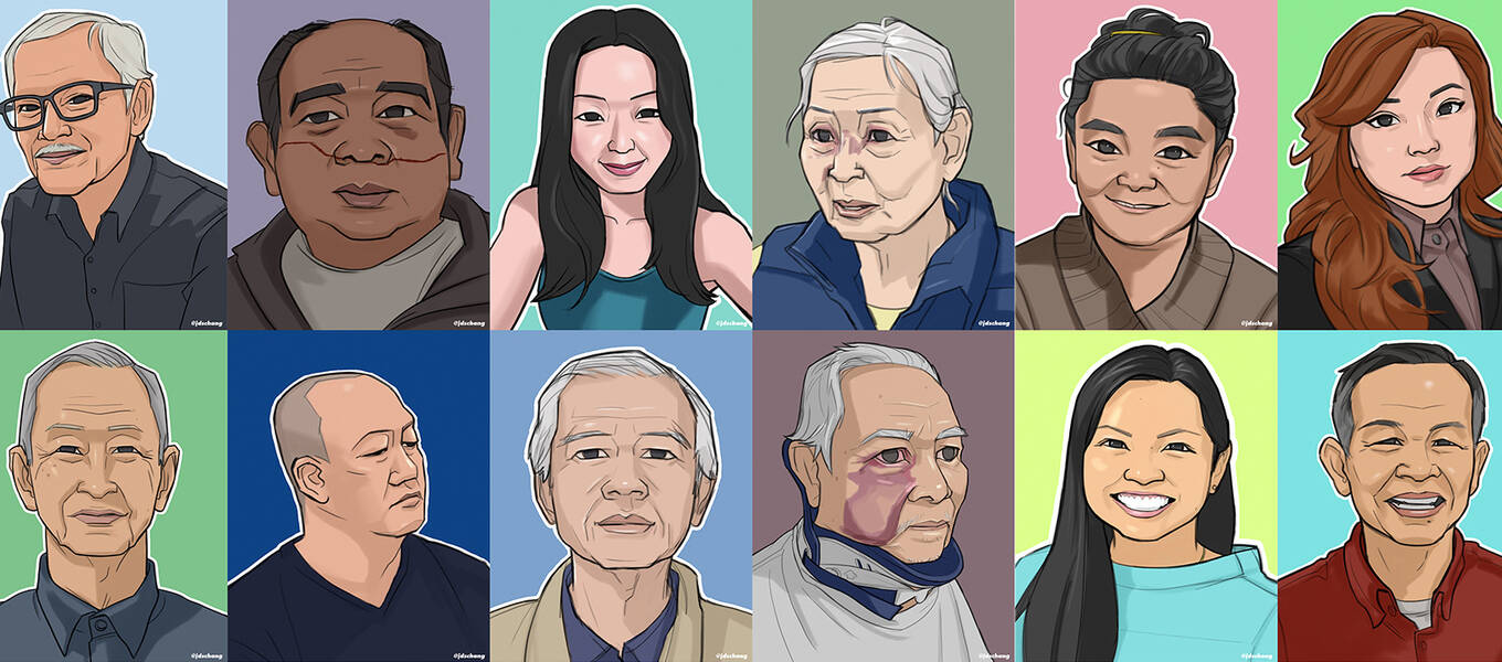 Portraits in a series by Illustration alum Jonathan Chang of Asian and Asian American victims of attacks and anti-Asian hate, and to raise awareness of Asian American and Pacific Islander (AAPI) stories. Those killed, including 84-year-old Vicha Ratanapakdee (top, left) and 40-year-old Michelle Go (bottom, second image from right), are outlined in white.
