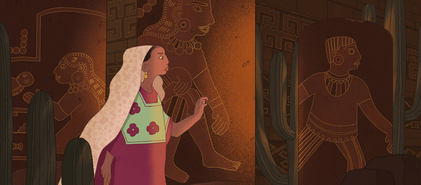 Background art and design for MITLA by Melissa Fernandez, about Donaji, a Zapotec woman living in 1950s Oaxaca who places herself in historical moments trying to piece together a sense of her Indigenous identity and culture.