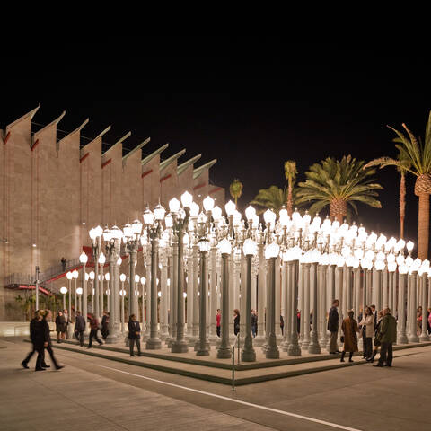 Students interacting with the illuminated Urban Light sculpture at LACMA, symbolizing creativity and cultural exploration in Los Angeles.