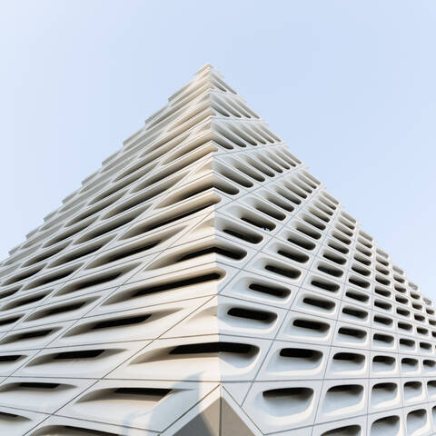 A photograph of the Broad museum from an unusual perspective